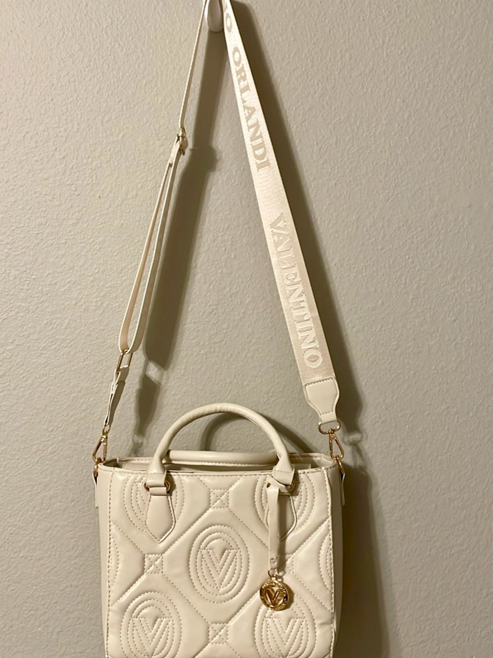 Valentino Orlandi Cream Quilted Leather Shoulder Bag with Logo Charm